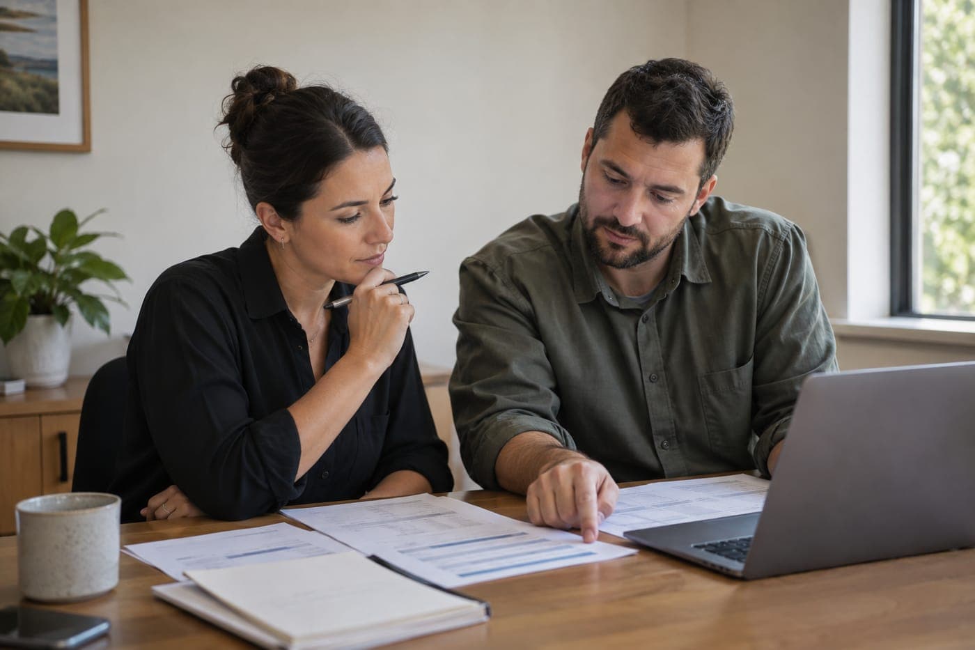 Two GreyRok credit assessors reviewing bank statements at a desk