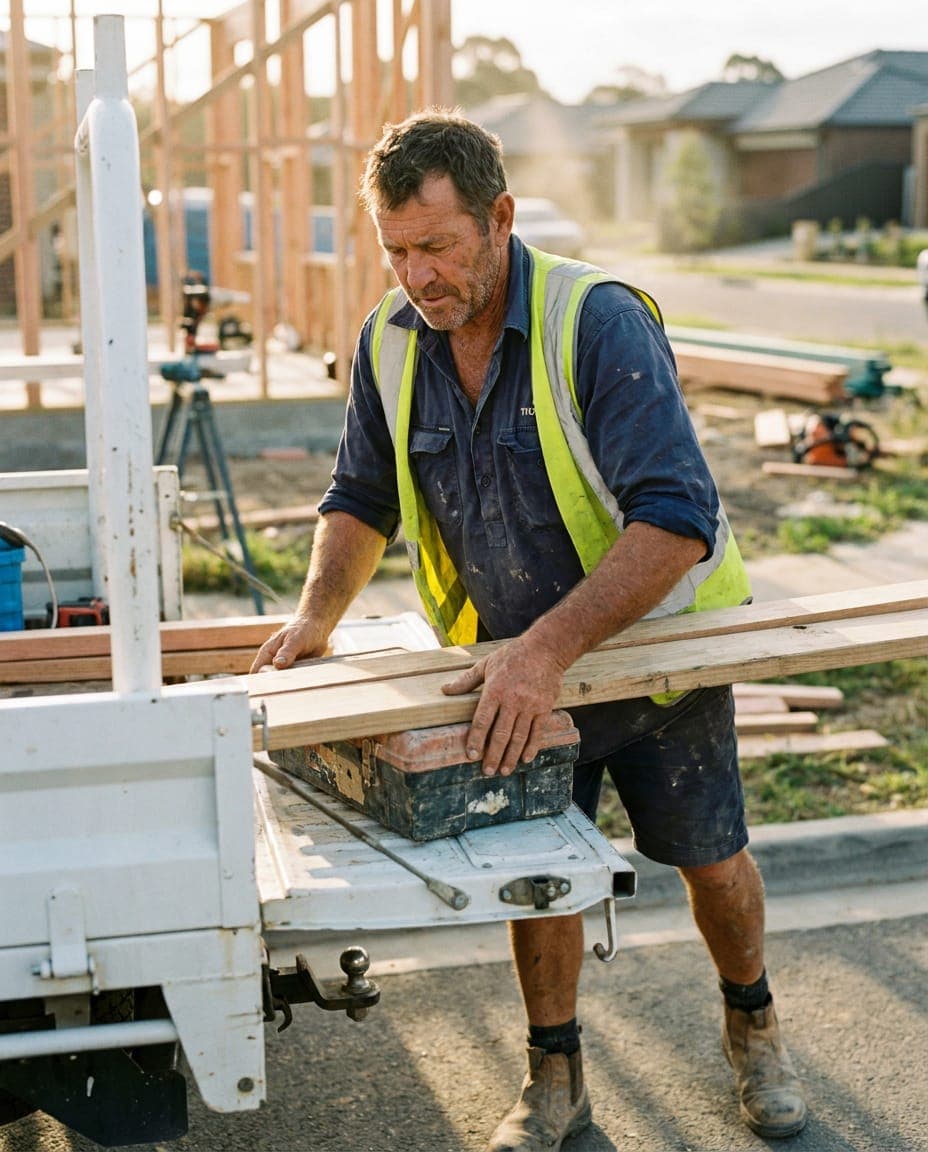 A tradesperson loading timber onto a work ute at a new housing site, late in the day